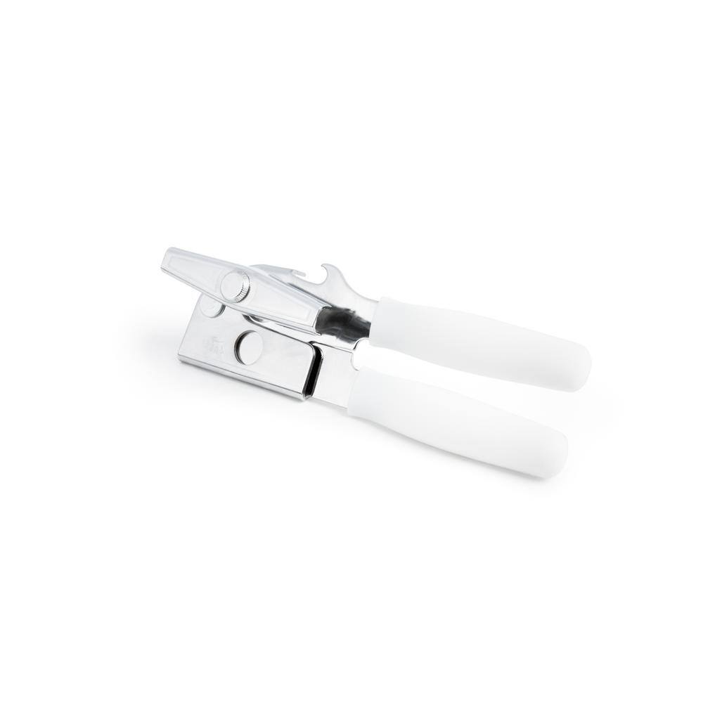 Stainless Steel Handheld Can Opener with White Ergonomic Handles