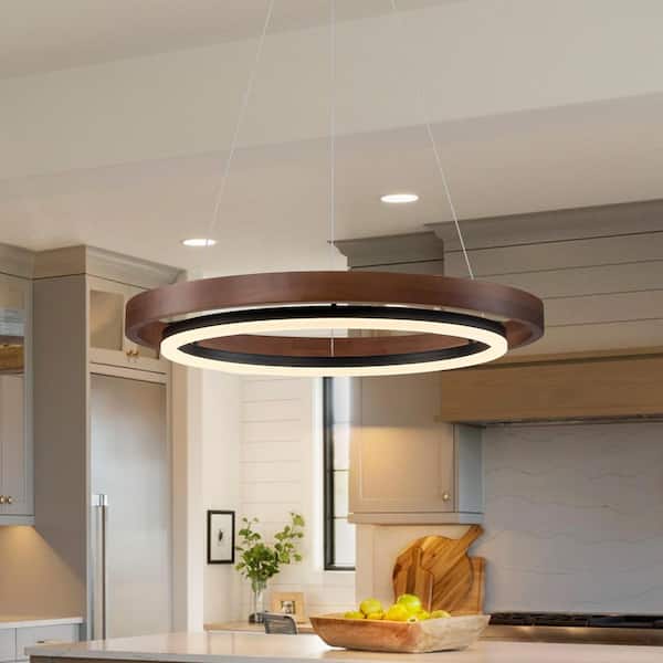 23.62 in. 1-light Wood Ring Dimmable Integrated LED Chandelier for Kitchen Island Dining Room