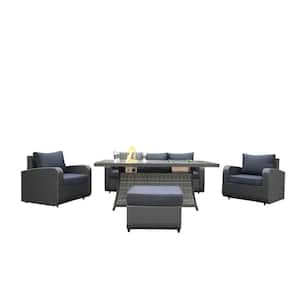 Jessica 5-Piece Wicker Patio Conversation Set Rectangle Firepit Table with Gray Cushions