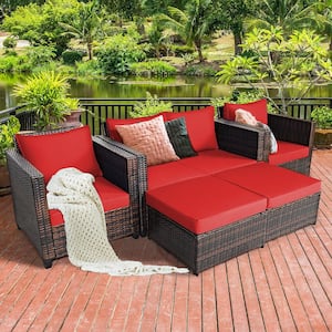 Brown 5-Piece Wicker Metal Outdoor Section Set with Red Cushions