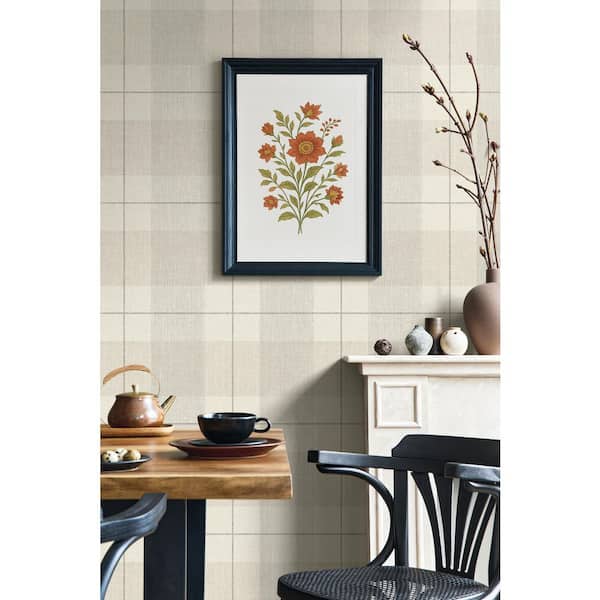 56 sq. ft. Neutral Etched Plaid Prepasted Paper Wallpaper Roll