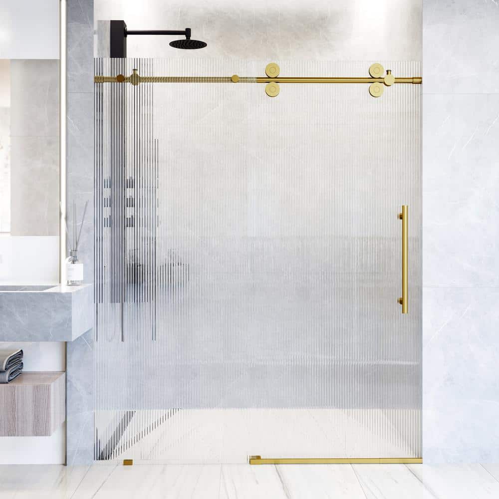 Elan Matte Black Frameless Sliding Shower Door with Fluted Glass