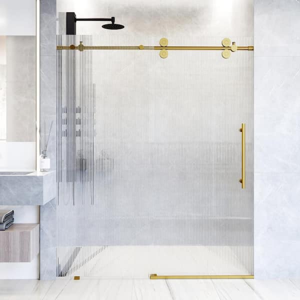VIGO Elan 56 to 60 in. W x 74 in. H Sliding Frameless Shower Door in Matte Brushed Gold with 3/8 in. (10 mm) Fluted Glass