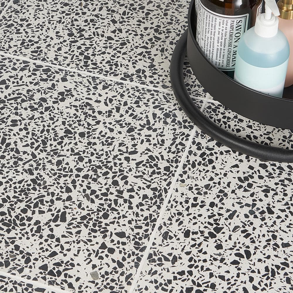 Durham Black and White Polished Terrazzo Floor and Wall Tile