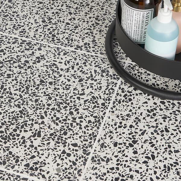Raleigh Black and White Square 8 in. x 0.8 in. Polished Terrazzo Cement Tile Sample