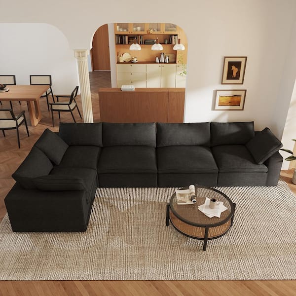 118 in. Square Arm 5-Piece Linen L-Shaped Modular Sectional Sofa Corner Cloud Couch in. Black