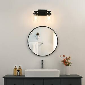 13.9 in. 2-Light Black Vanity Light with Clear Glass Shade