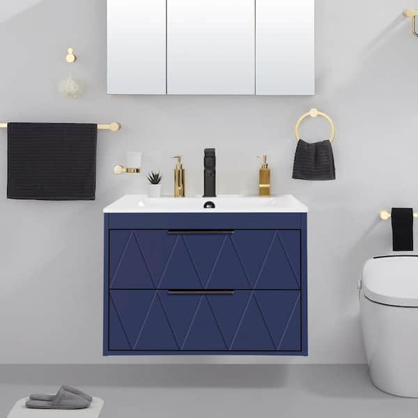 eclife 24 in. W x 18.1 in. D x 18.1 in. H Single Sink Bath Vanity in Blue with White Ceramic Top and Drain Faucet Set