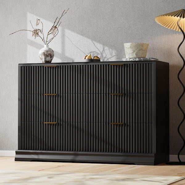 Elegant Fluted 48 in. Black Dresser, 6 Spacious Drawers with Smooth Gliding Runners, Multi-Purpose Organizer