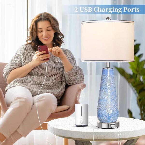 Jushua 27 in. H Blue Art Ceramic Bedside Lamps with Linen Shade