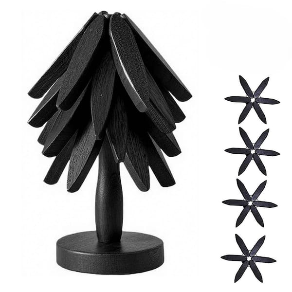 Natural Collection Black Foldable Wooden Trivet Set with Display Stand for Hot Pots and Pans