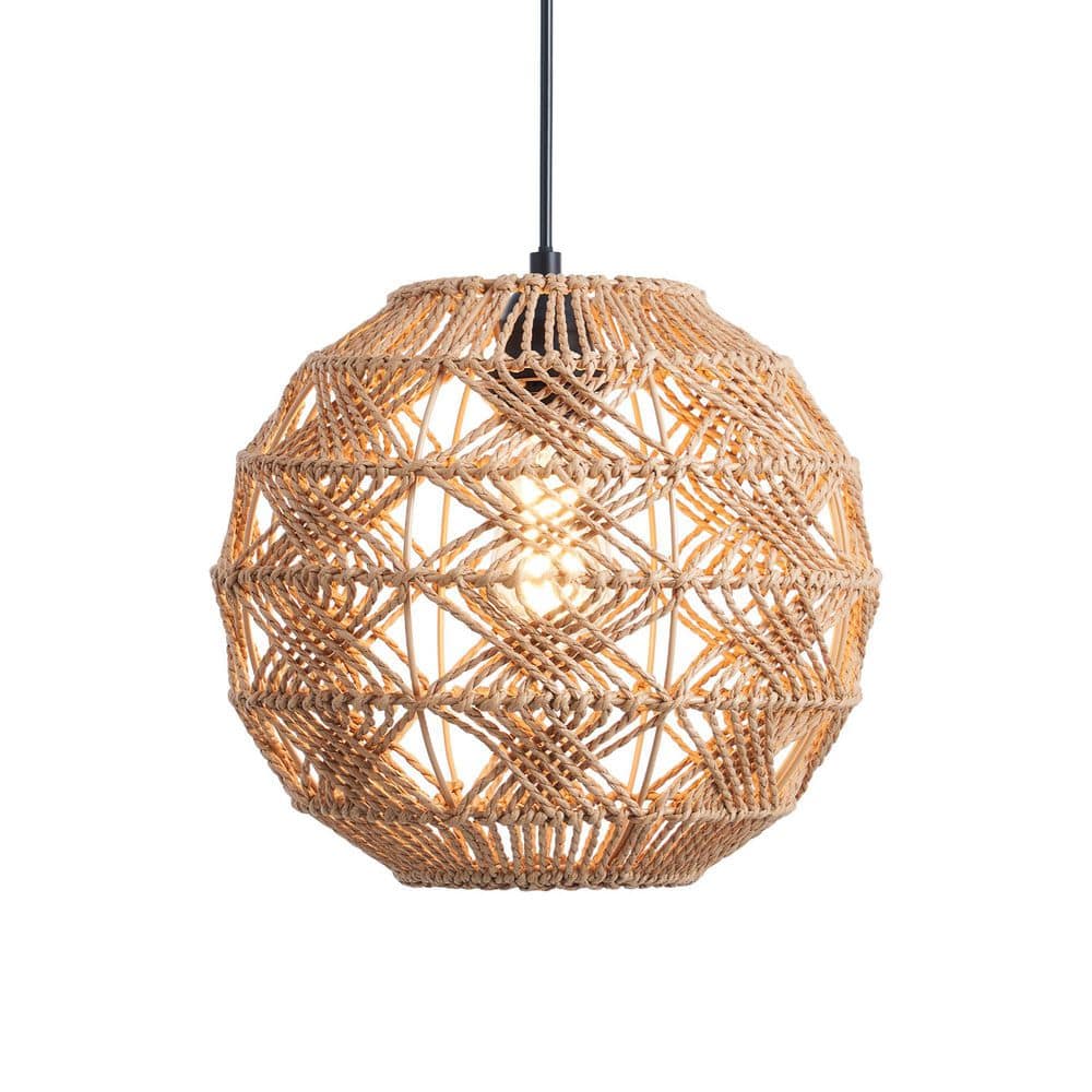 Merra 1-Light Matte Black Boho Pendant Light with Handwoven Hemp Rope ...