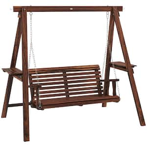 77.25 in. 2-Person Carbonized Fir Wood Patio Swing with Stand and Side Tables