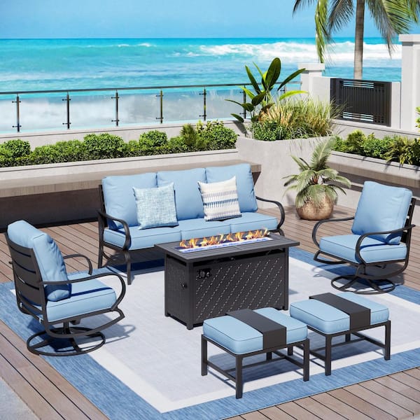 PHI VILLA 7 Seat 6-Piece Metal Outdoor Patio Conversation Set with Blue Cushions, Swivel Chairs, Rectangular Fire Pit Table
