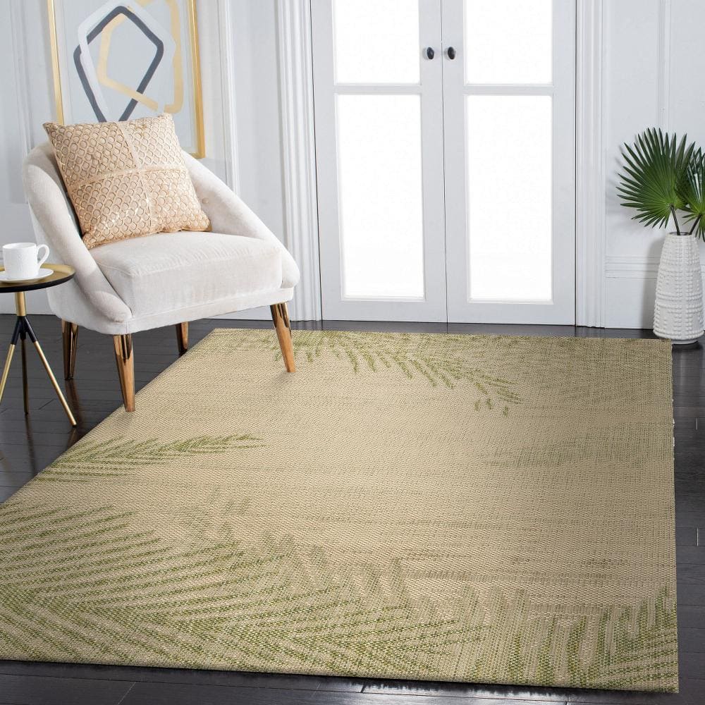 Beige and Green Tropical Palm Flat Woven Synthetic Area Rug