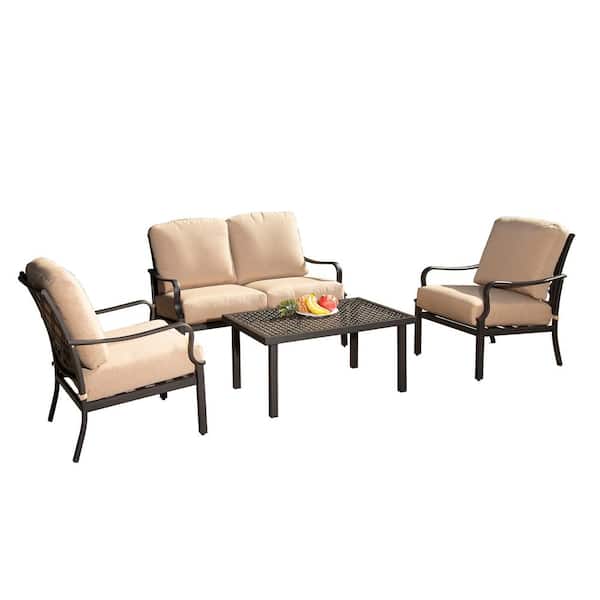 domi outdoor living 4-Piece Wicker Patio Seating Set with Beige Cushions