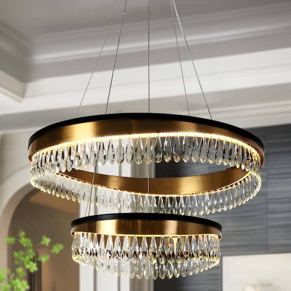 LNC Delphinium 2-Light Dimmable Integrated LED Matte Black and Plating Brass Crystal Tiered Round Chandelier for Living Room