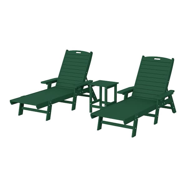 Harlo 3-Piece Dark Green Fade Resistant HDPE Plastic Reclining Outdoor Patio Chaise Lounge Arm Chair and Table Set