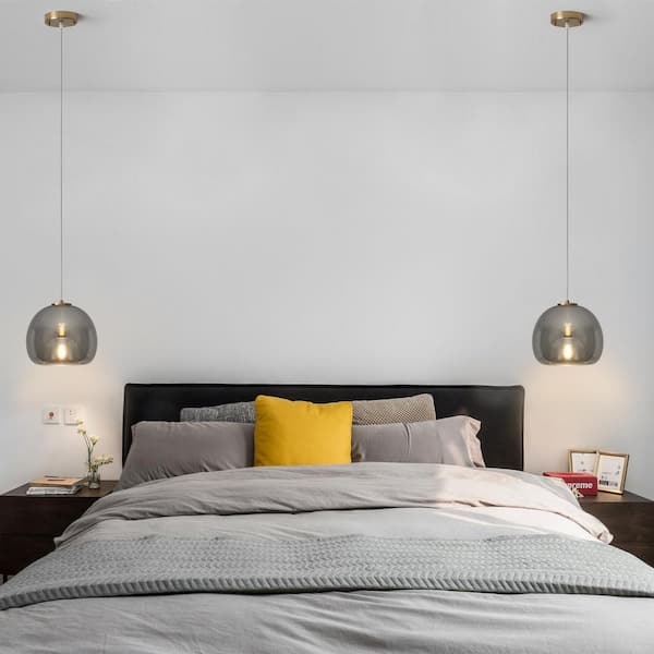 60 -Watt 1-Light Brass and Smoked Gray Shaded Pendant Light with Glass Shade, No Bulbs Included