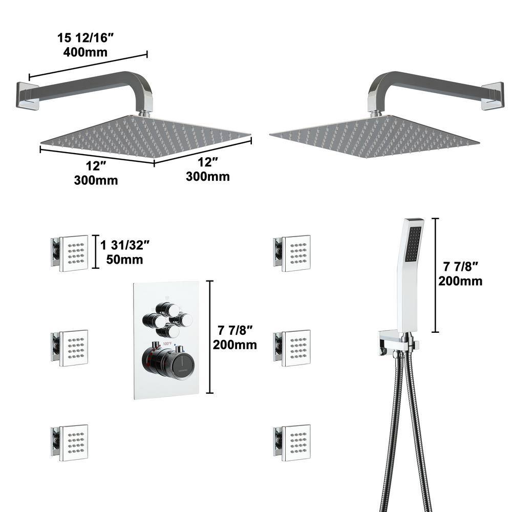 Chrome Dual Head Thermostatic Rainfall Shower System with Jets