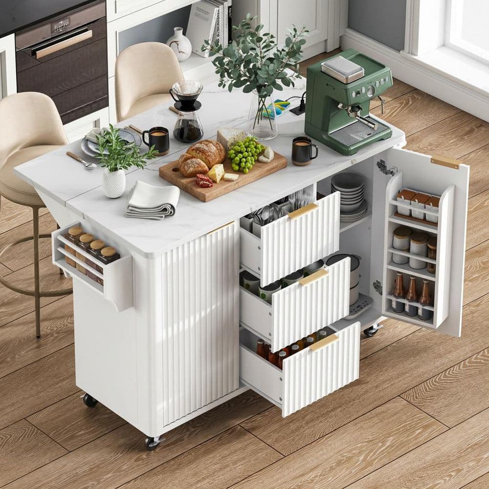 Cesicia Farmhouse White Wood 55.5 in. Power Outlet Drop Leaf