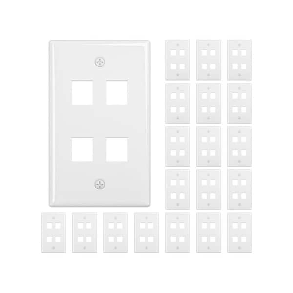 (20-Pack) 1-Gang White Duplex Outlet Plastic Wall Plate Standard 4-Port for RJ45/HDMI/Coax Inserts (FRT-815-4-20)