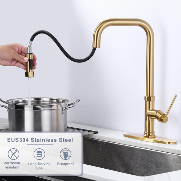 Gold Kitchen Sink Faucet deals with Pull Out Sprayer, Brushed Gold Copper