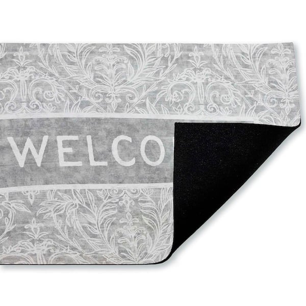 Distressed Damask Welcome Gray 18 in. x 30 in. Polyester Non-Slip Outdoor Door Mat