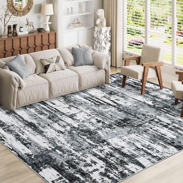 Area Rug Low Pile Soft Thin Carpet Washable for Bedroom Living Room Laundry Office Gray Black 10 ft. x 13 ft.  Area Rug