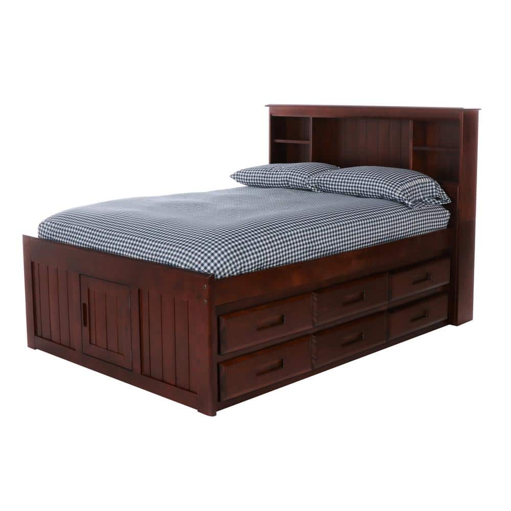 Rich Merlot Solid Pine Full Captain's Bookcase Bed with Storage Drawers