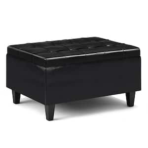 Harrison 34 in. Wide Transitional Rectangle Small Coffee Table Storage Ottoman in Midnight Black Faux Leather