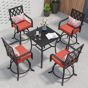 5-Piece Metal Patio Swivel Bar Set Square 32 in. Patio Bar Table and 4 Swivel Bar Stools Outdoor Dining Set with Cushion