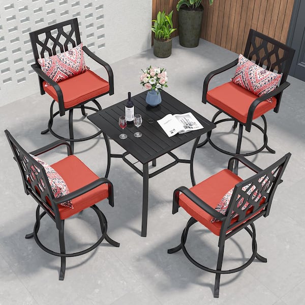 DEXTRUS 5-Piece Metal Patio Swivel Bar Set Square 32 in. Patio Bar Table and 4 Swivel Bar Stools Outdoor Dining Set with Cushion