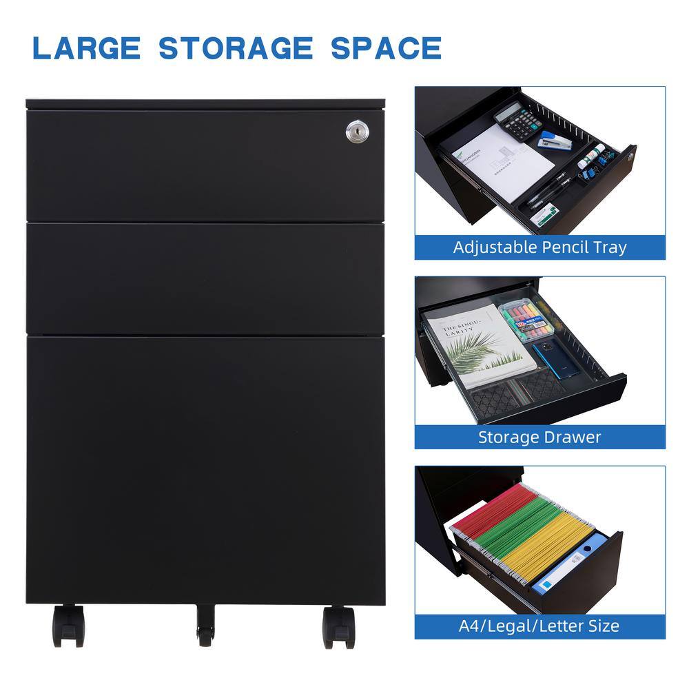 Black Mobile 3-Drawer Lockable Metal Filing Cabinet