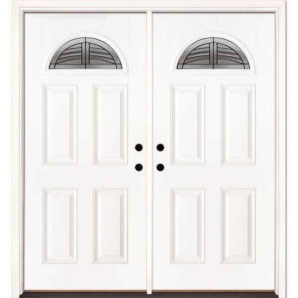 Feather River Doors 66 in. x 81.625 in. Rochester Patina Fan Lite Unfinished Smooth Left-Hand Inswing Fiberglass Double Prehung Front Door