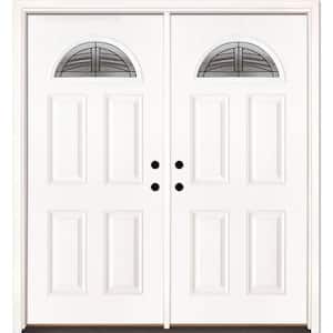 66 in. x 81.625 in. Rochester Patina Fan Lite Unfinished Smooth Right-Hand Inswing Fiberglass Double Prehung Front Door