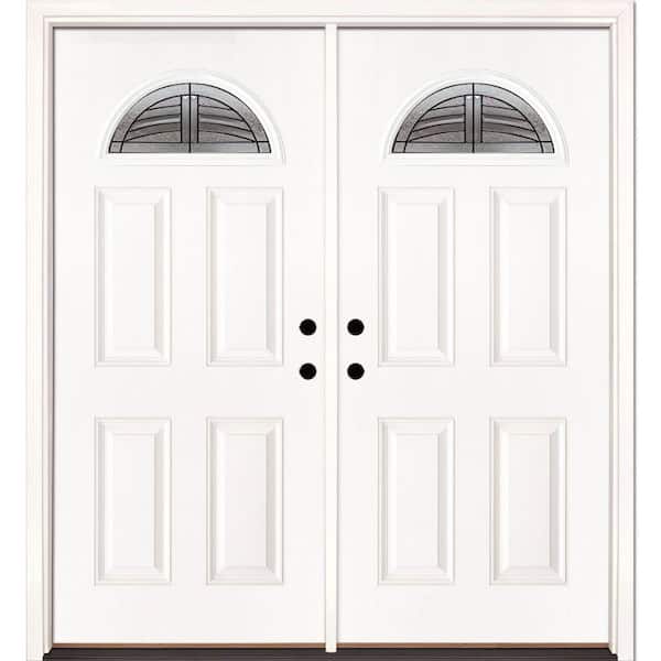Feather River Doors 66 in. x 81.625 in. Rochester Patina Fan Lite Unfinished Smooth Right-Hand Inswing Fiberglass Double Prehung Front Door