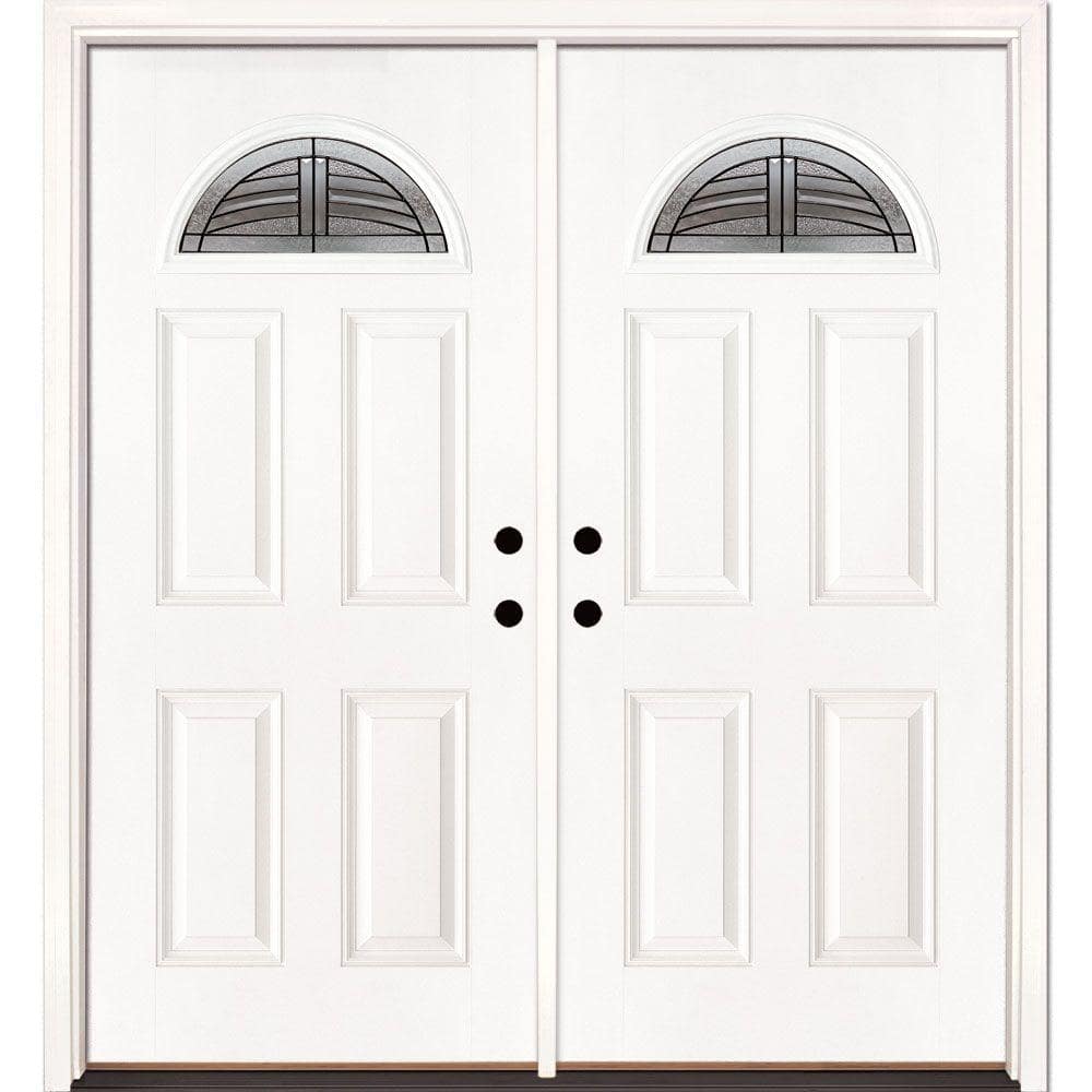 Feather River Doors 74 in. x 81.625 in. Rochester Patina Fan Lite Unfinished Smooth Left-Hand Inswing Fiberglass Double Prehung Front Door, Smooth White: Ready to Paint -  473190-400