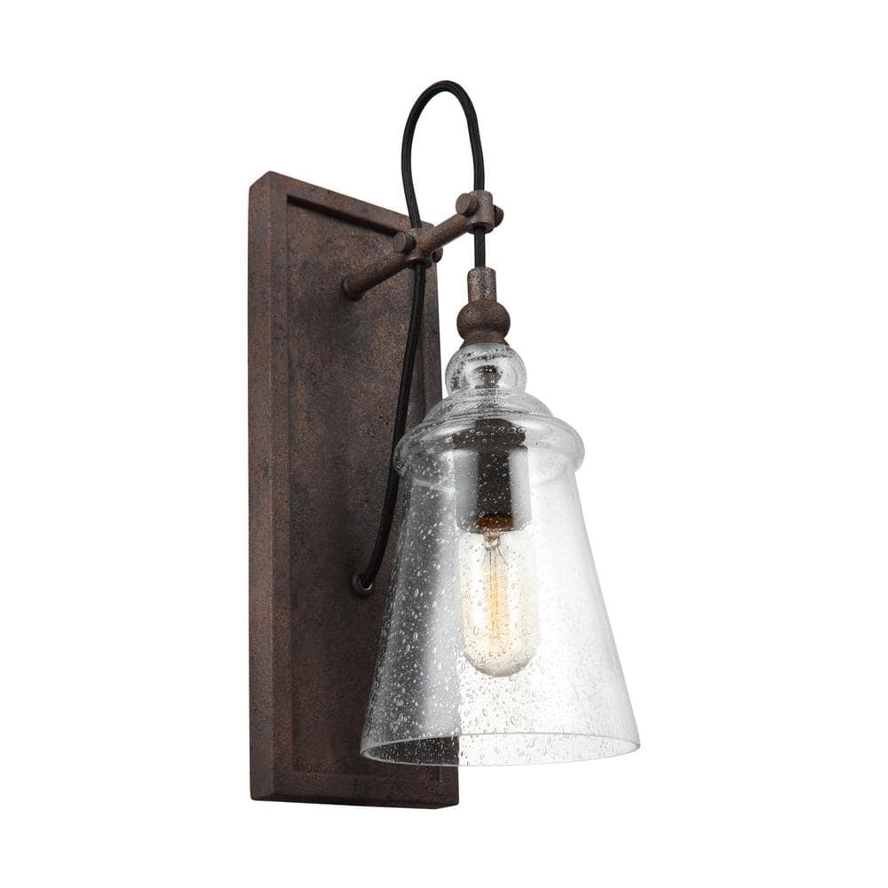 Dark Weathered Iron Dimmable Industrial Wall Sconce with Clear Seeded Glass Shade