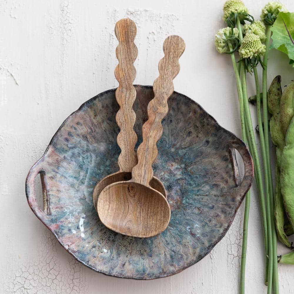 Multicolor Ceramic Serving Bowl with Handles and Reactive Glaze