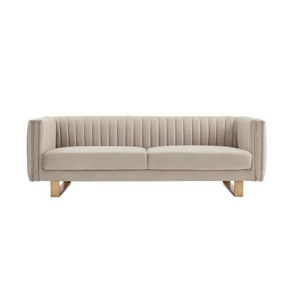 Armen Living Delilah 86 in. Beige Velvet Square Arm 3-Seat Sofa