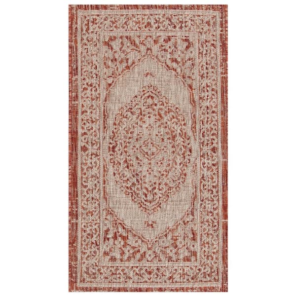 SAFAVIEH Courtyard Light Beige/Terracotta Doormat 2 ft. x 4 ft. Border Indoor/Outdoor Patio Area Rug