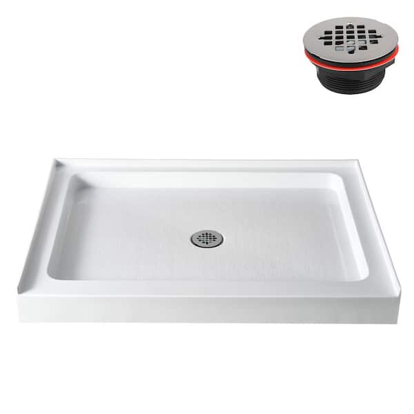 48 in. L x 36 in. W Alcove Acrylic Shower Pan Base in Glossy White with Center Drain, Drain Included
