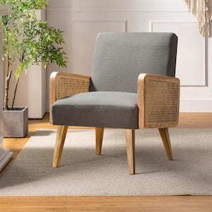 Delphine Modern Pewter Accent Chair with Rattan Armrest and Wood Legs for Living Room and Bedroom