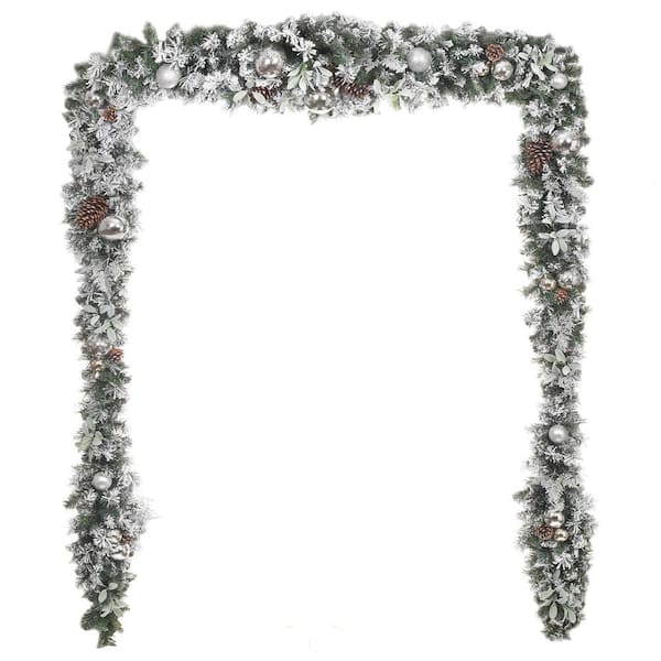 Home Accents Holiday 17 ft. Snowy Silver Pine Flocked Unlit Artificial Christmas Garland with Plated Ball Ornaments, Pinecones and Mistletoe