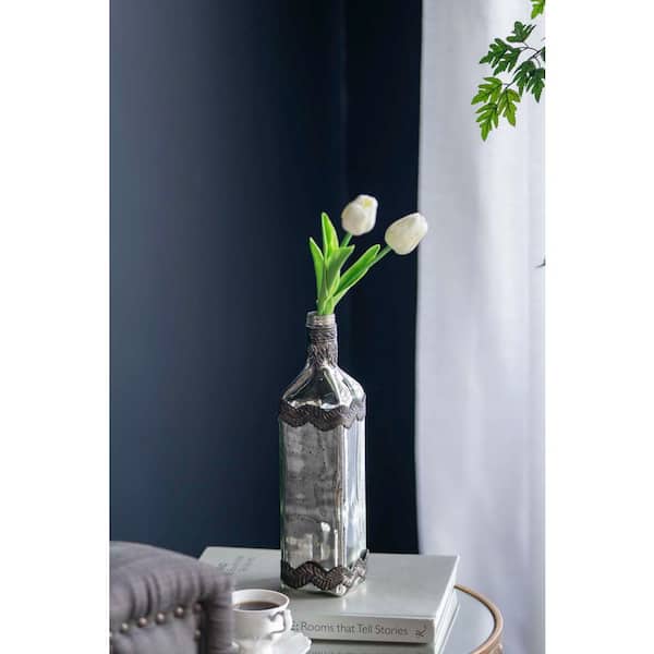 SereneVita 12 in. Antique Silver Glass Decorative Bottle Vase with