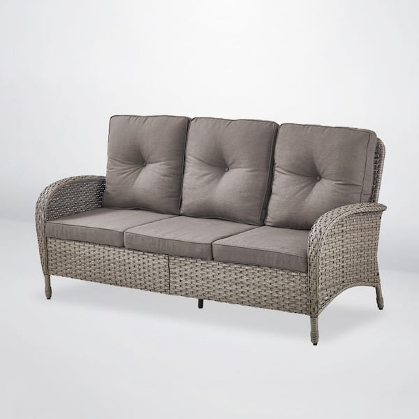 PlainCurve Metal and Gray Wicker Patio Outdoor 3-Seat Sectional Couch Sofa with Olefin Gray Cushions