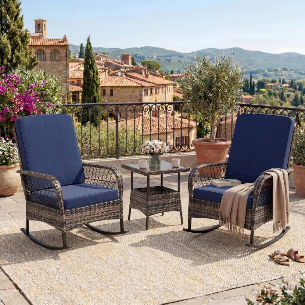 Three-Piece Patio Sofa Set with High Back and Removable Cushions, Brown Gradient Rattan and Blue Cushions price history on PriceWatchPro