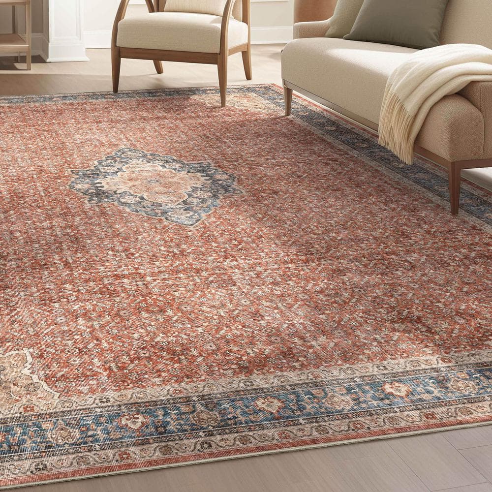 Asha Lilith Vintage Oriental Red Blue Chenille Area Rug 8' x 10'