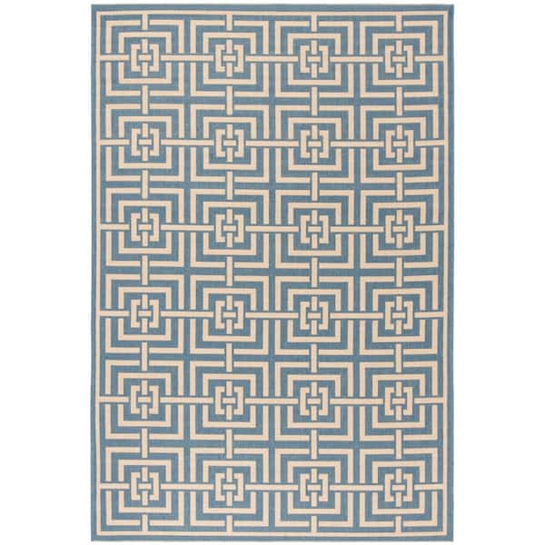 SAFAVIEH Beach House Blue/Cream 7 ft. x 9 ft. Geometric Fretwork Indoor/Outdoor Patio  Area Rug